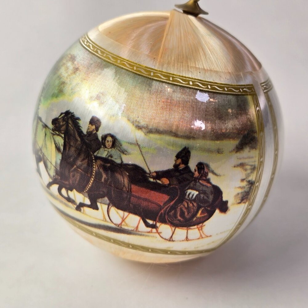 Vintage Christmas Ornament Satin Ball Horse Currier & Ives Sleigh Race Scene - Picture 2 of 6